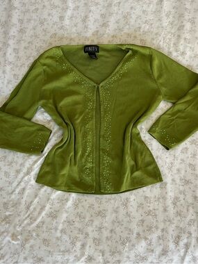 Finity Green Beaded V-Neck Cardigan
